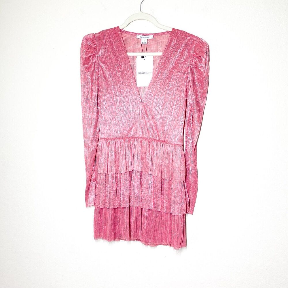 Sabina Musayev Carry Mini Dress S Hot Pink Padded Shoulder Long Sleeve NO BELT